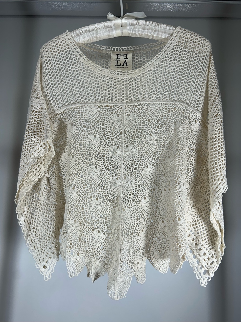 PPLA Clothing Cream Crochet Poncho Cover Up Too 100% Cotton One Size Fit